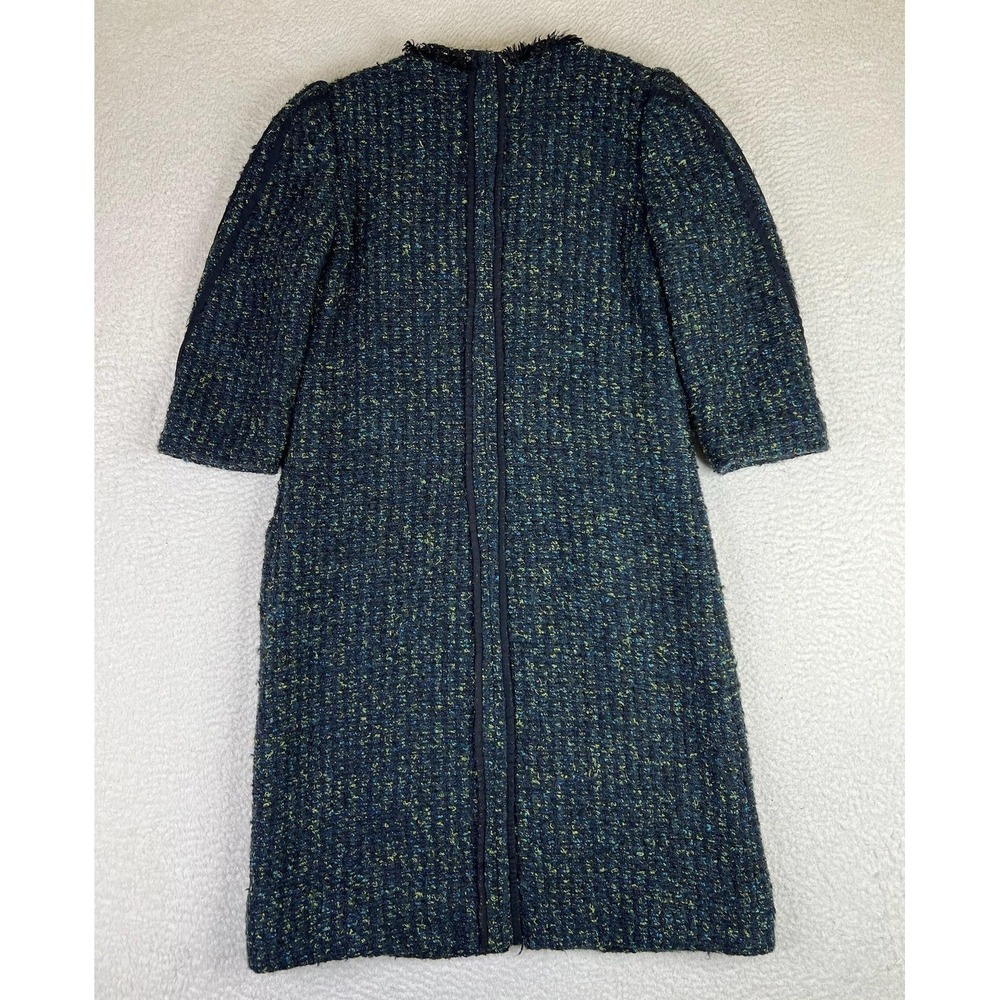 Eva Culture Womens 38 Blue Tweed Wool Zip Front 3/4 Sleeve Fringe Pocket Coat - Picture 2 of 7